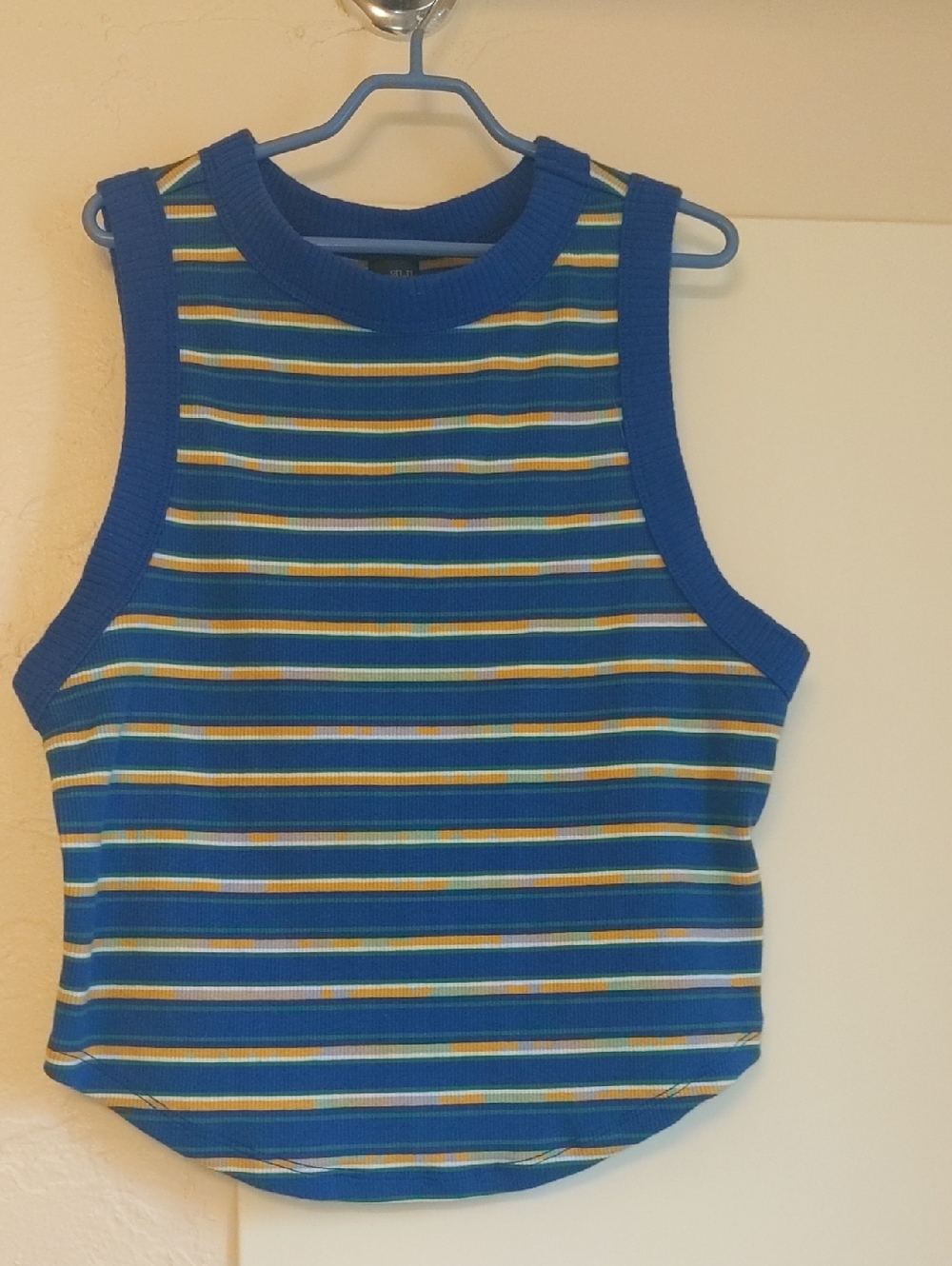 Blue Green Yellow White Vertical Striped Sleeveless Top With Thick Collar Line